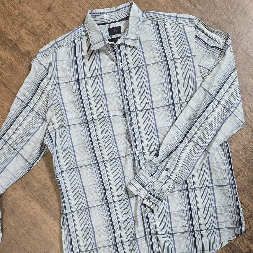 BR BANANA REPUBLIC Slim Fit Leggiuno Fabric Blue & White Plaid Button-Up Sz‎ L